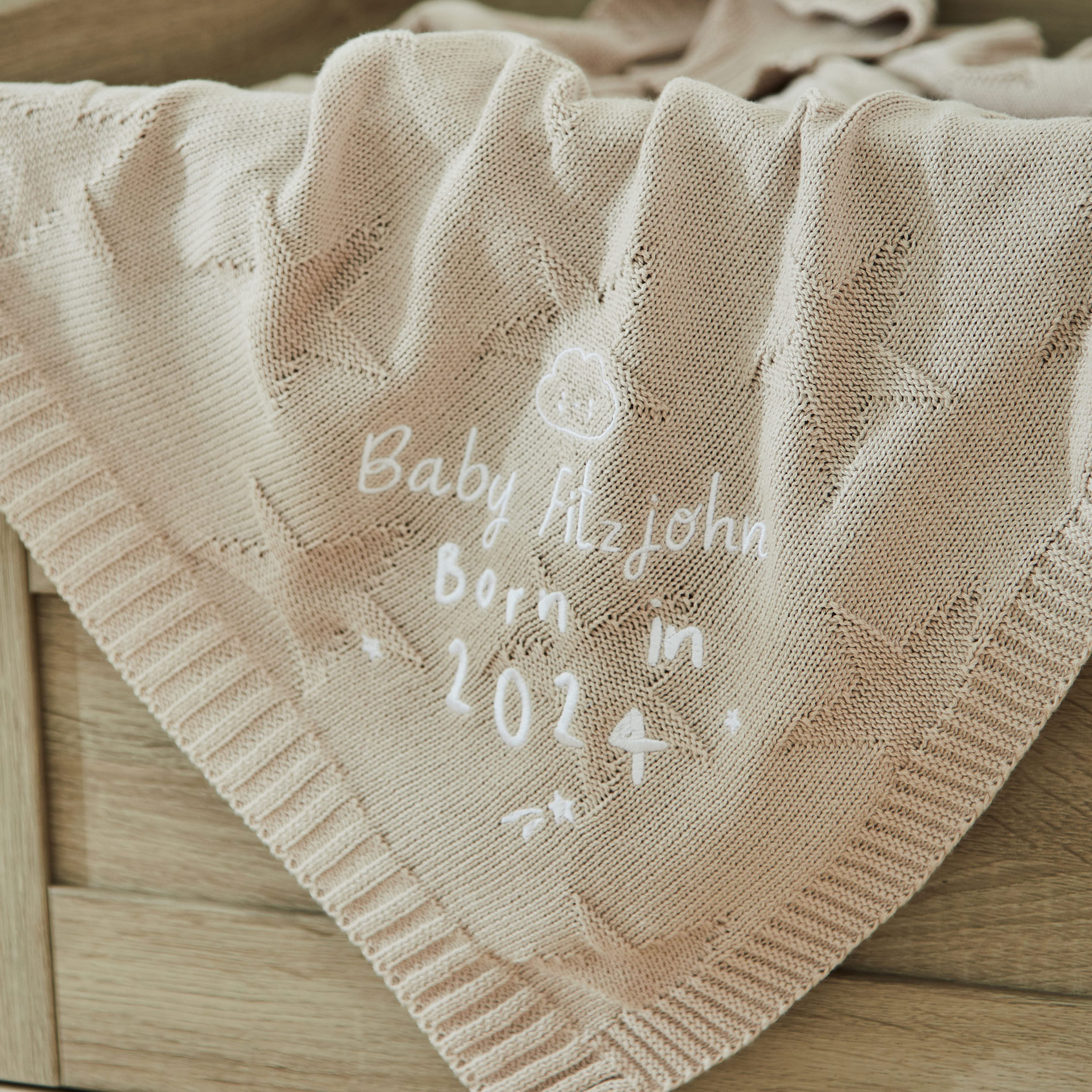 Personalised Born in 2024 Oatmeal Star Jacquard Blanket