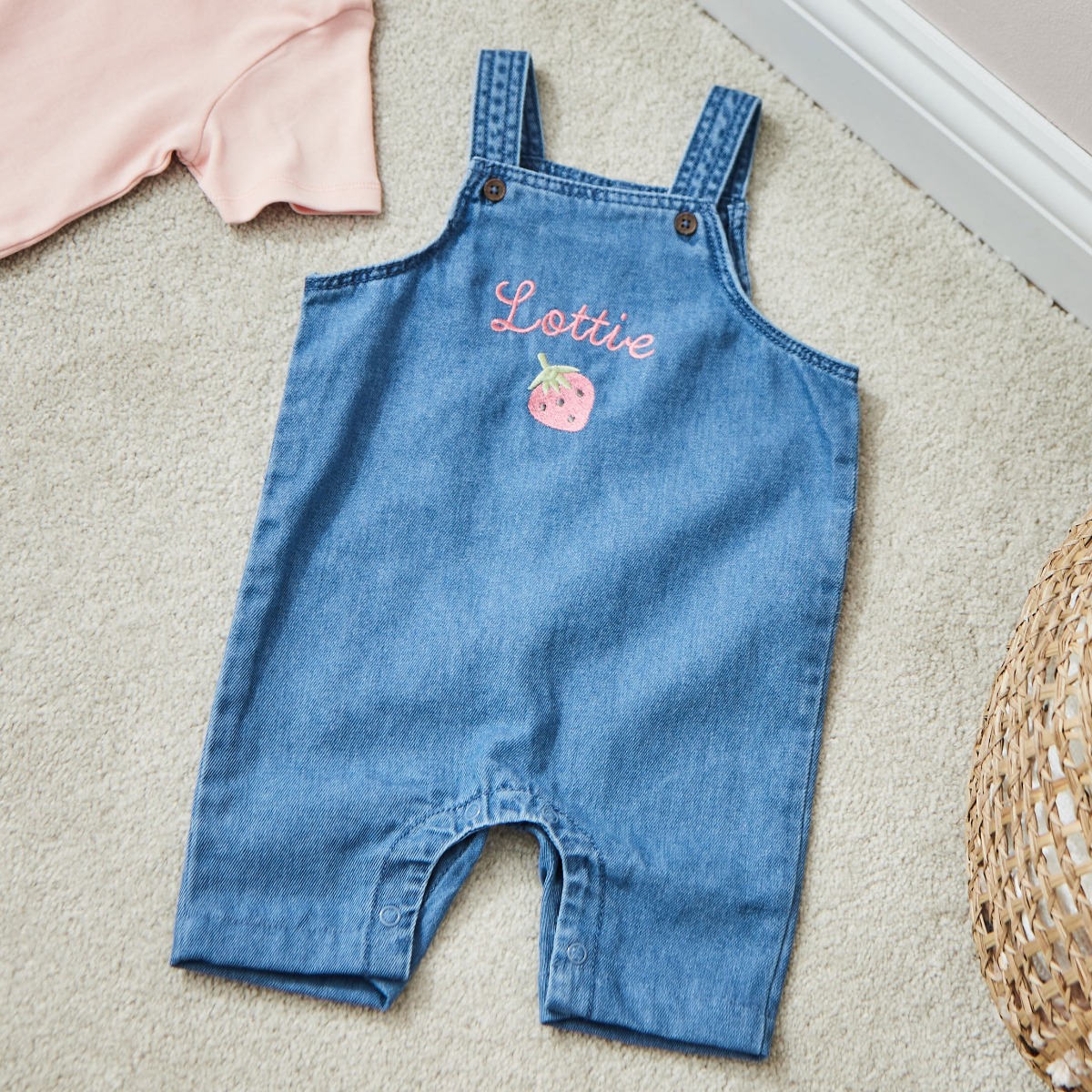 Personalised Strawberry Design Short Legged Denim Dungarees