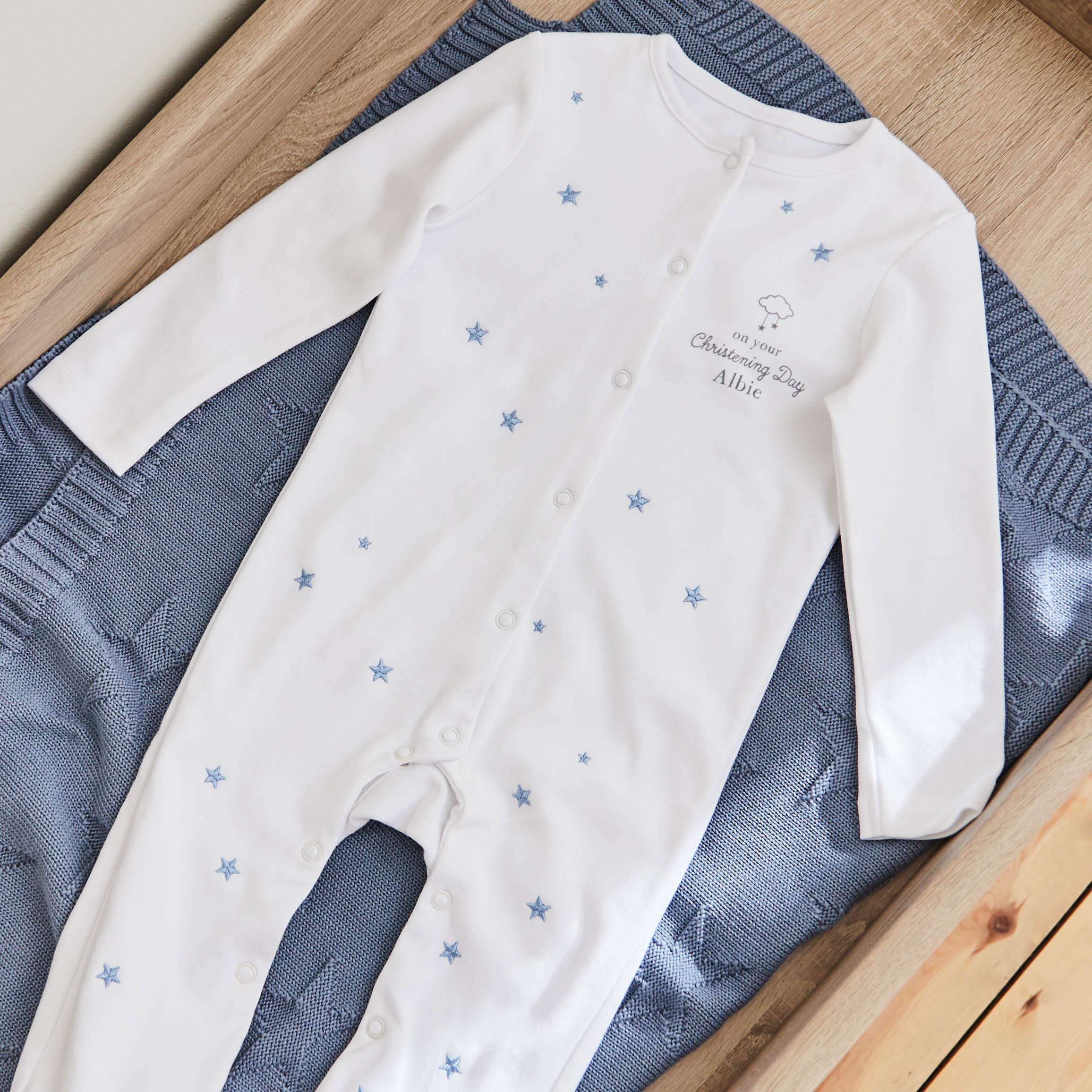 Personalised On Your Christening Day Star Jersey Sleepsuit