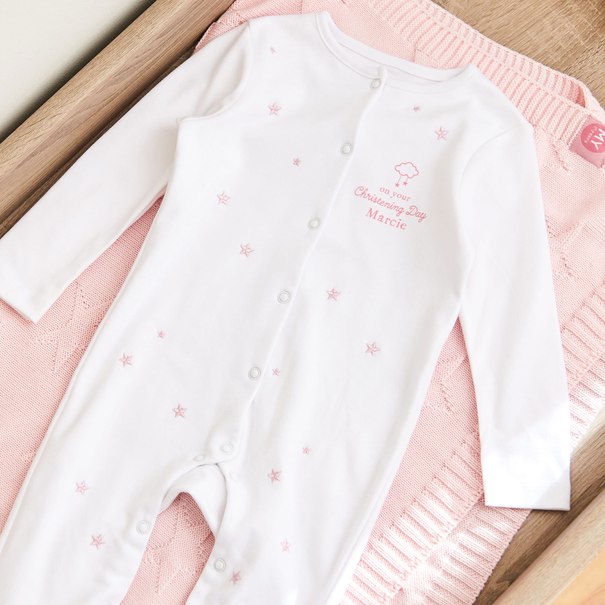 Personalised On Your Christening Day Star Jersey Sleepsuit