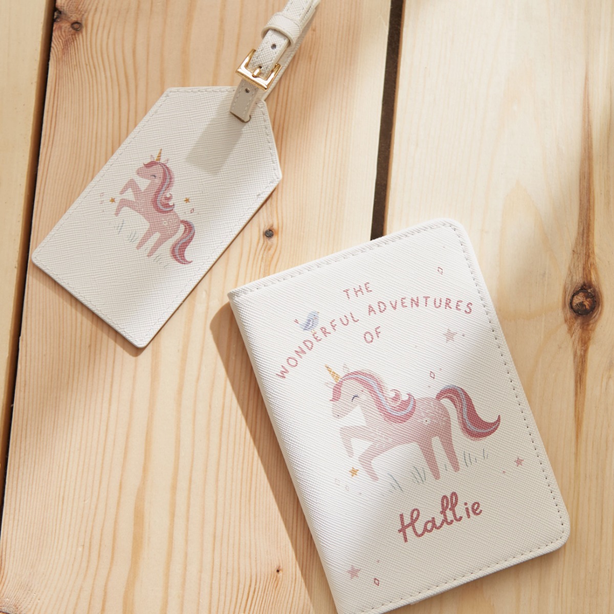 Personalised Unicorn Baby Passport Holder Luggage Tag Set