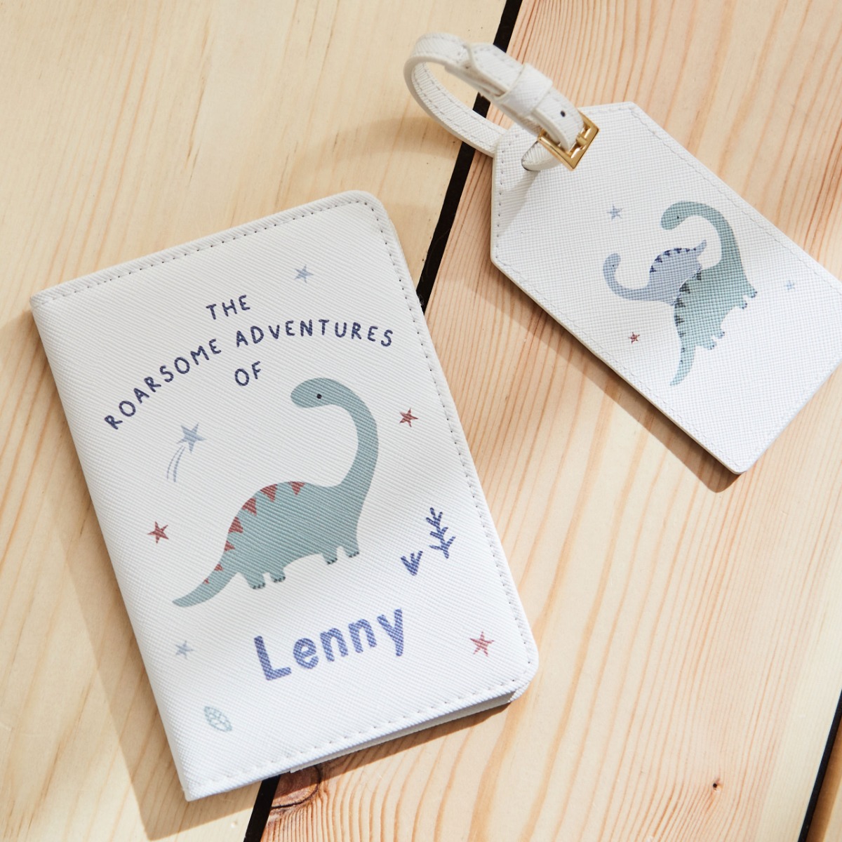 Personalised Dinosaur Baby Passport Holder Luggage Tag Set