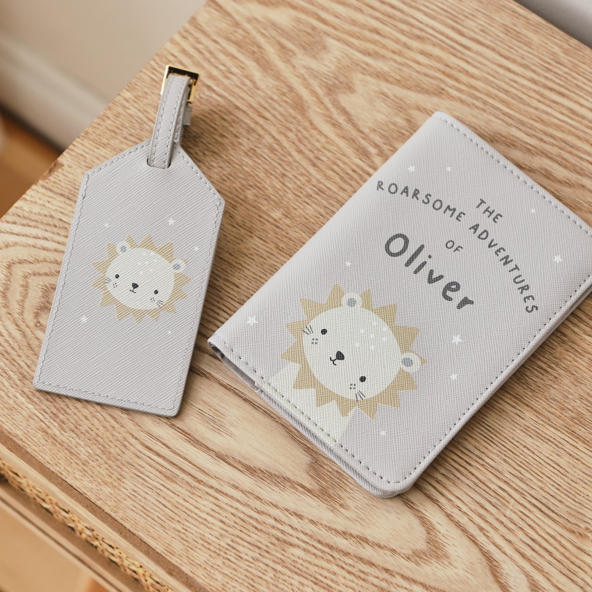 Personalised Lion Baby Passport Holder Luggage Tag Set