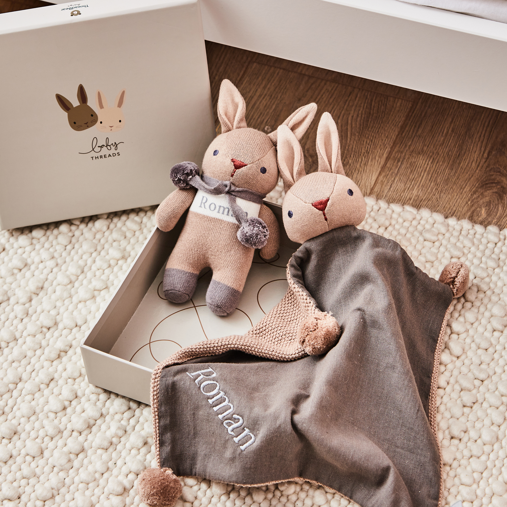 Personalised Taupe ThreadBear Bunny Toy Comforter Set