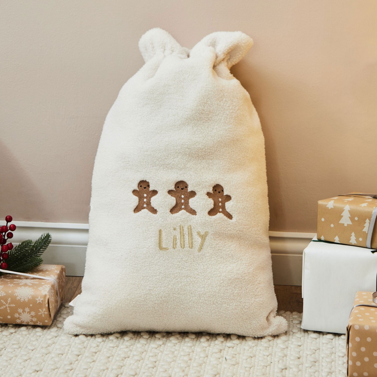 Personalised Gingerbread Cream Borg Christmas Gift Sack