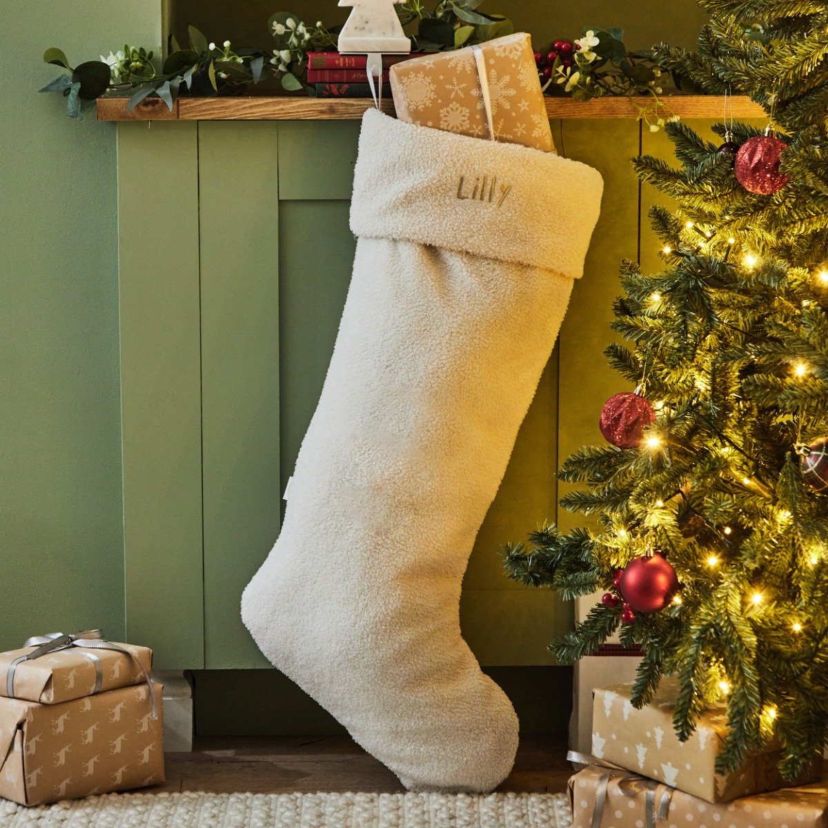 Personalised Name Cream Borg Christmas Stocking