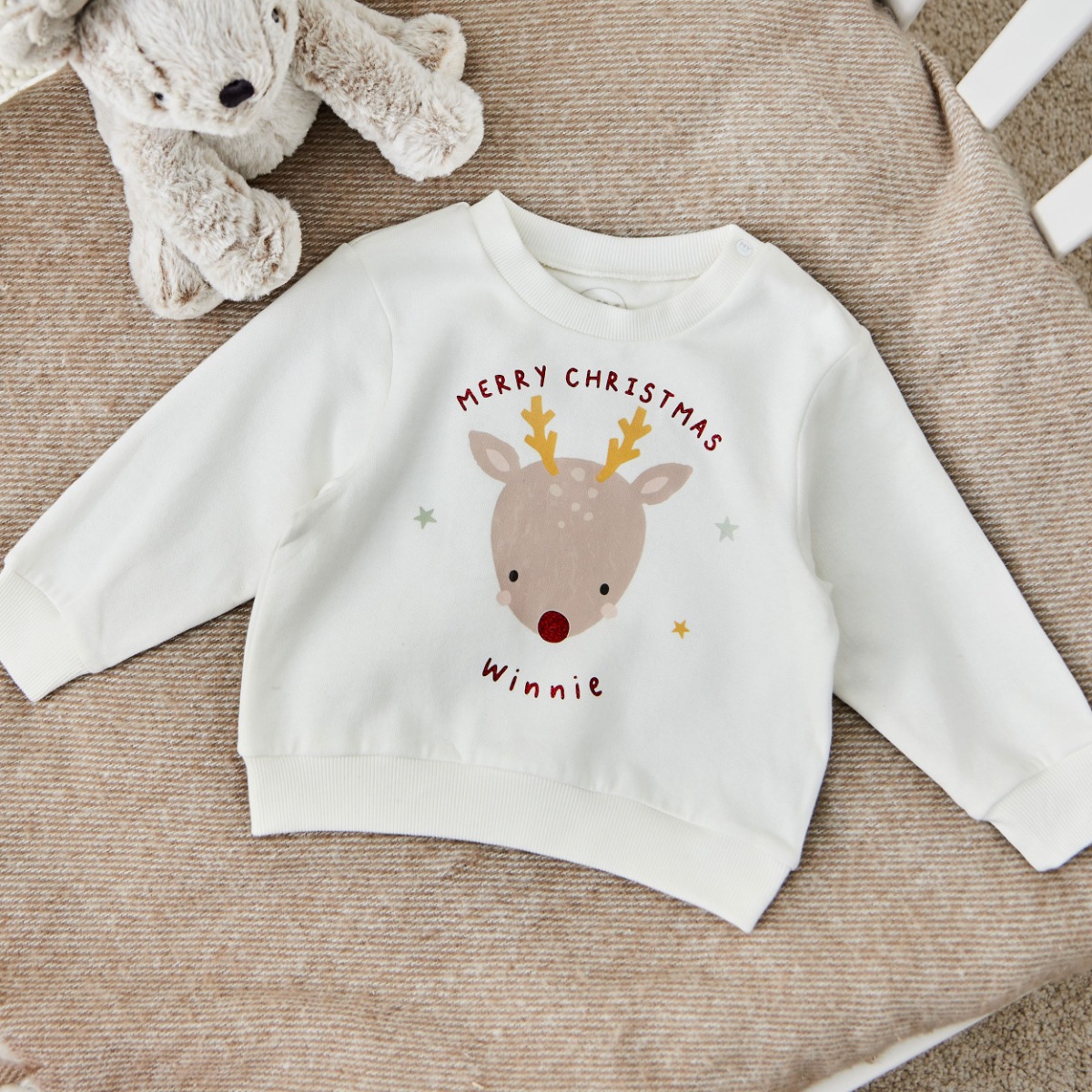 Personalised Nose Reindeer Merry Christmas Ecru Sweatshirt