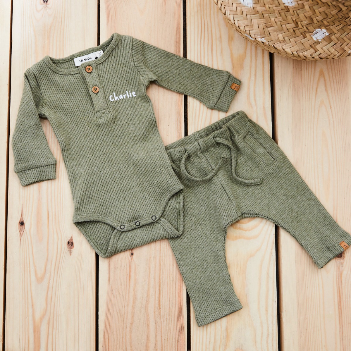 Personalised Khaki Bodysuit and Leggings Set by Lil Atelier