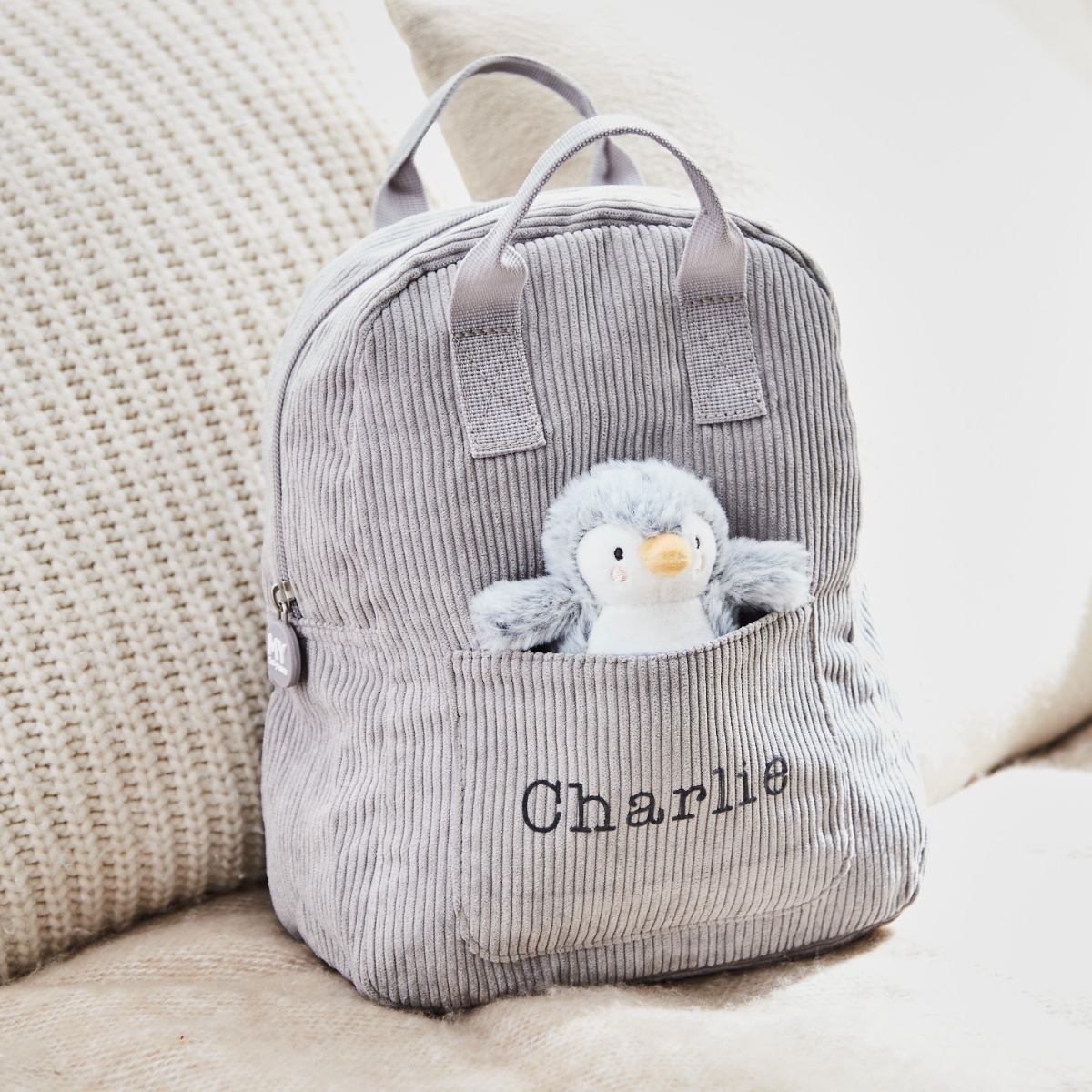 Personalised Cord Mini Backpack and Penguin Toy