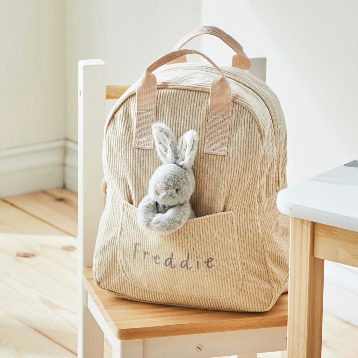 Personalised Ecru Cord Mini Backpack and Bunny Toy