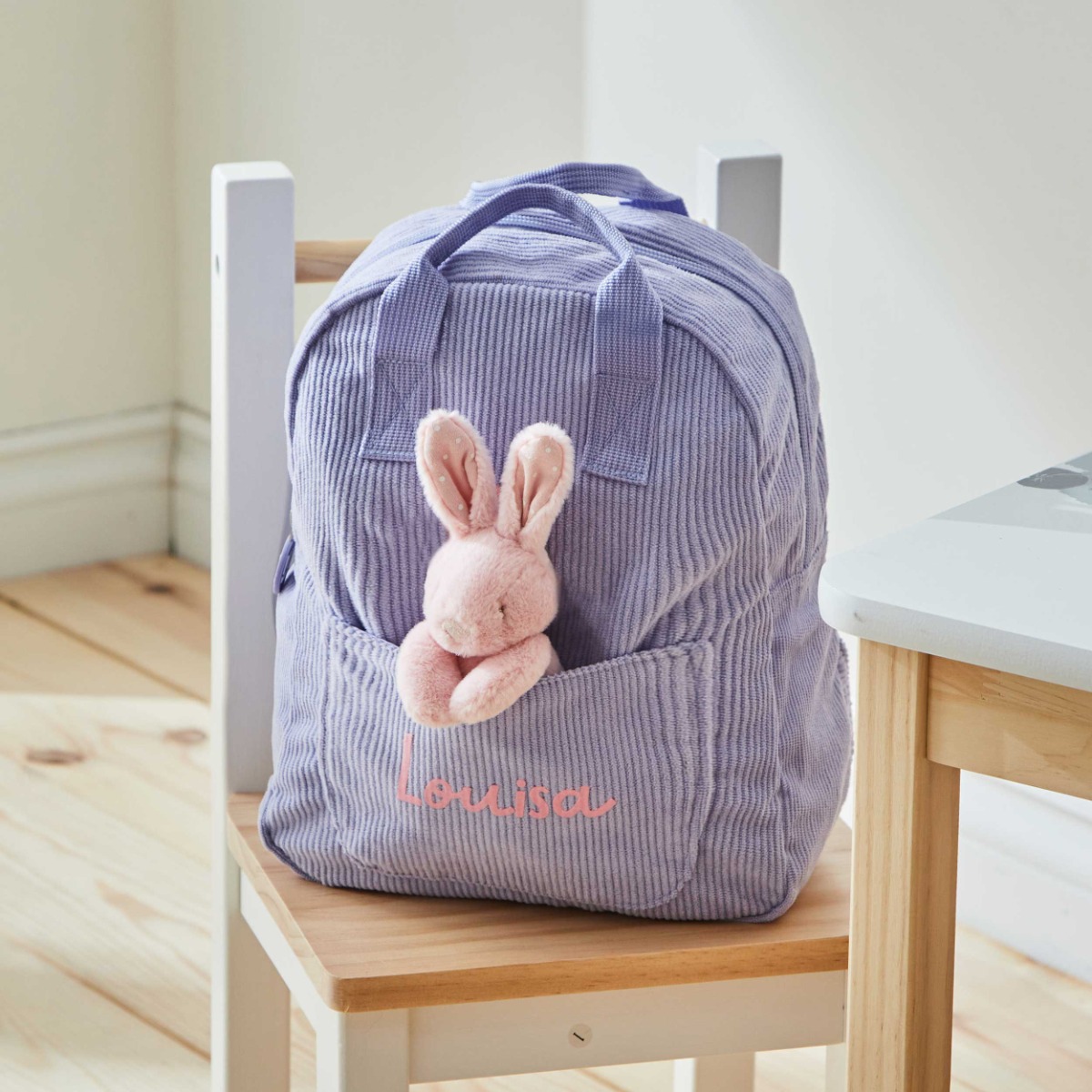 Personalised Lilac Cord Mini Backpack and Bunny Toy