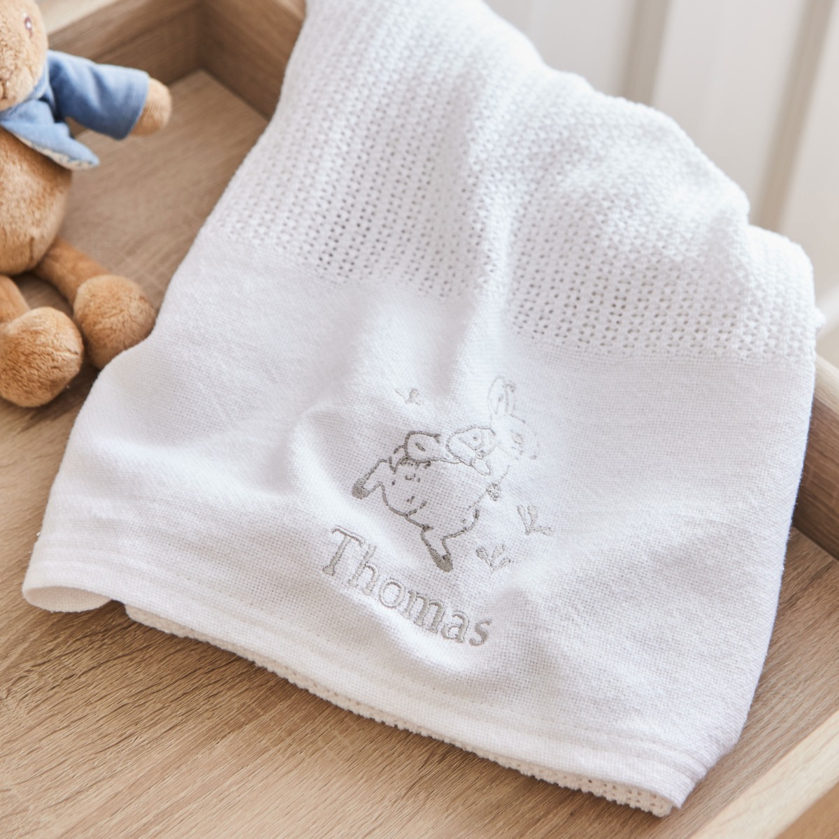 Personalised Ivory Peter Rabbit Cellular Blanket