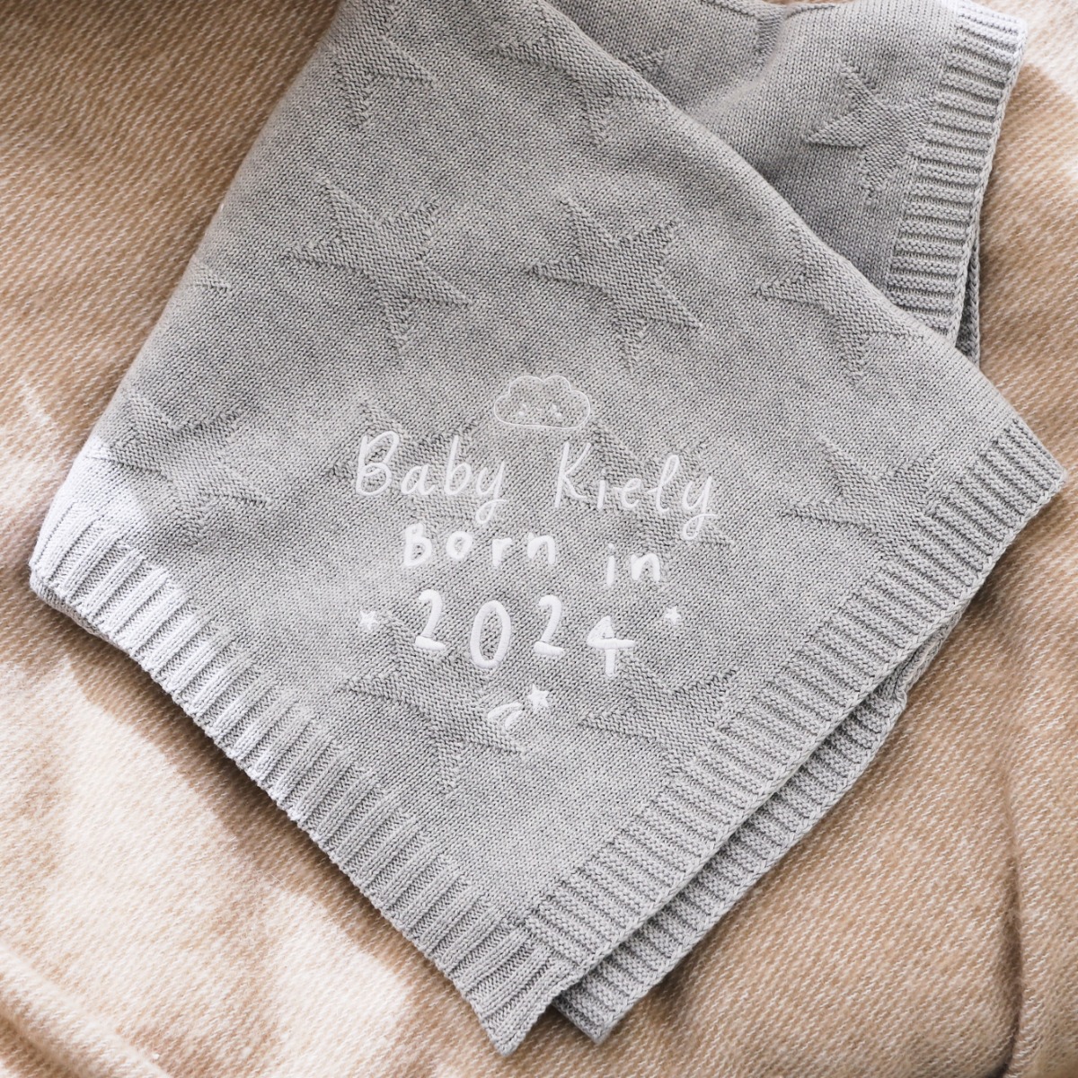 Personalised Born in 2024 Marl Star Jacquard Blanket