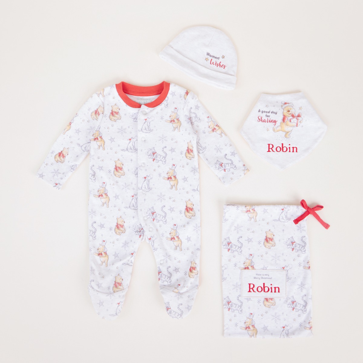 Personalised Winnie the Pooh Christmas Baby Outfit Set 4 piece