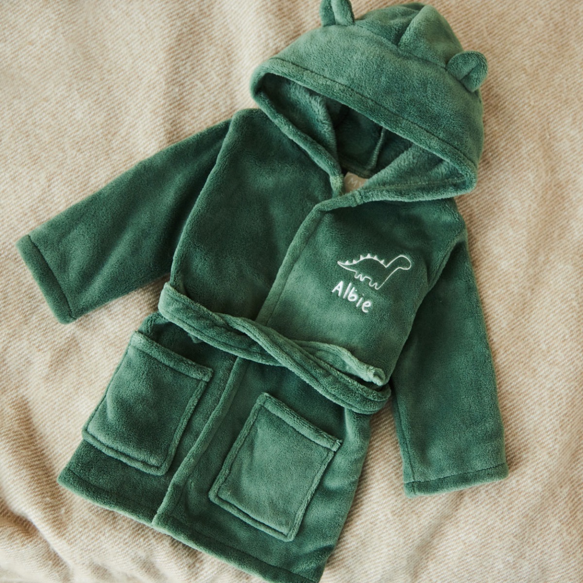 Personalised Forest Dinosaur Fleece Robe With Ears