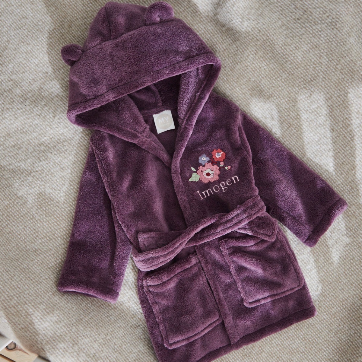 Personalised Plum Floral Fleece Robe With Ears