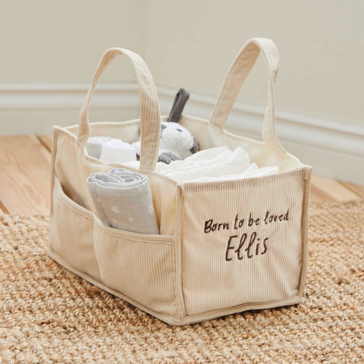 Personalised Ecru Born To Be Loved Nappy Caddy