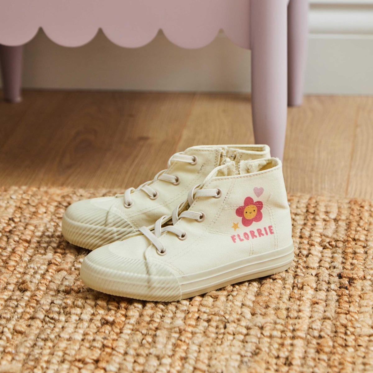 Personalised Cartoon Flower Ivory Toddler High-Top Shoes