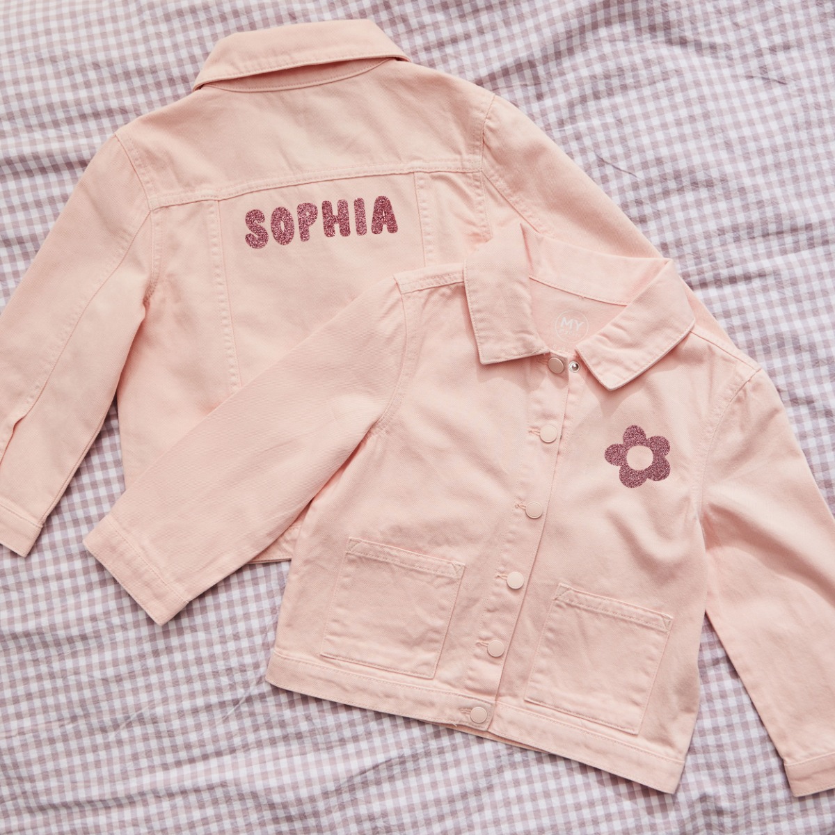 My Kids Personalised Flower Glitter Denim Jacket