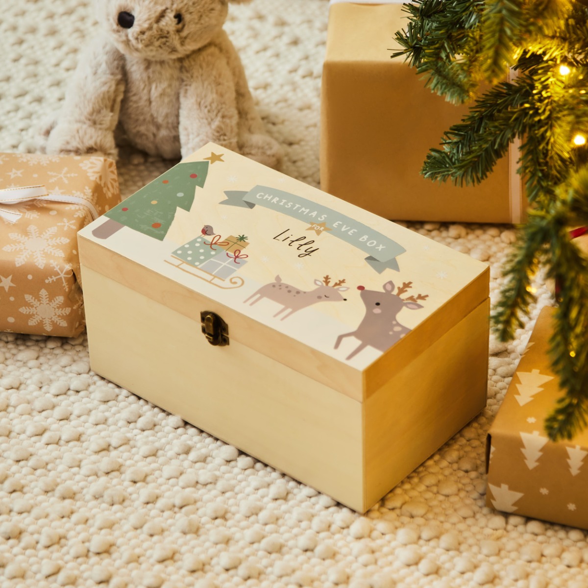 Personalised Reindeer Presents Wooden Christmas Eve Box