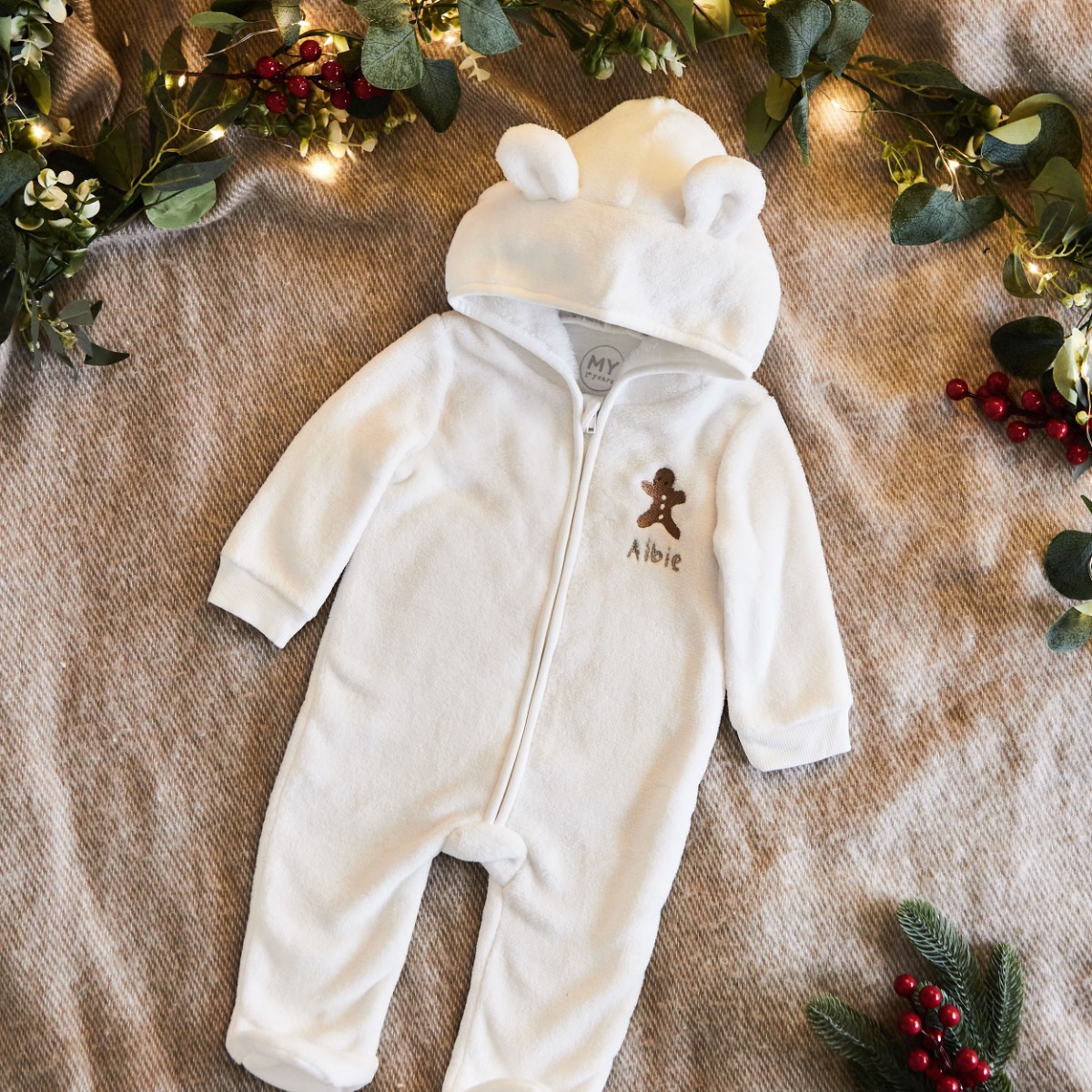 Personalised Gingerbread Ivory Fleece Onesie