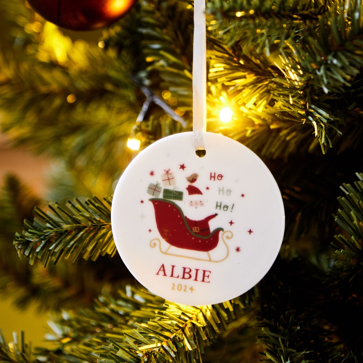 Personalised Santa Sleigh Round Ceramic Hanging Decoration