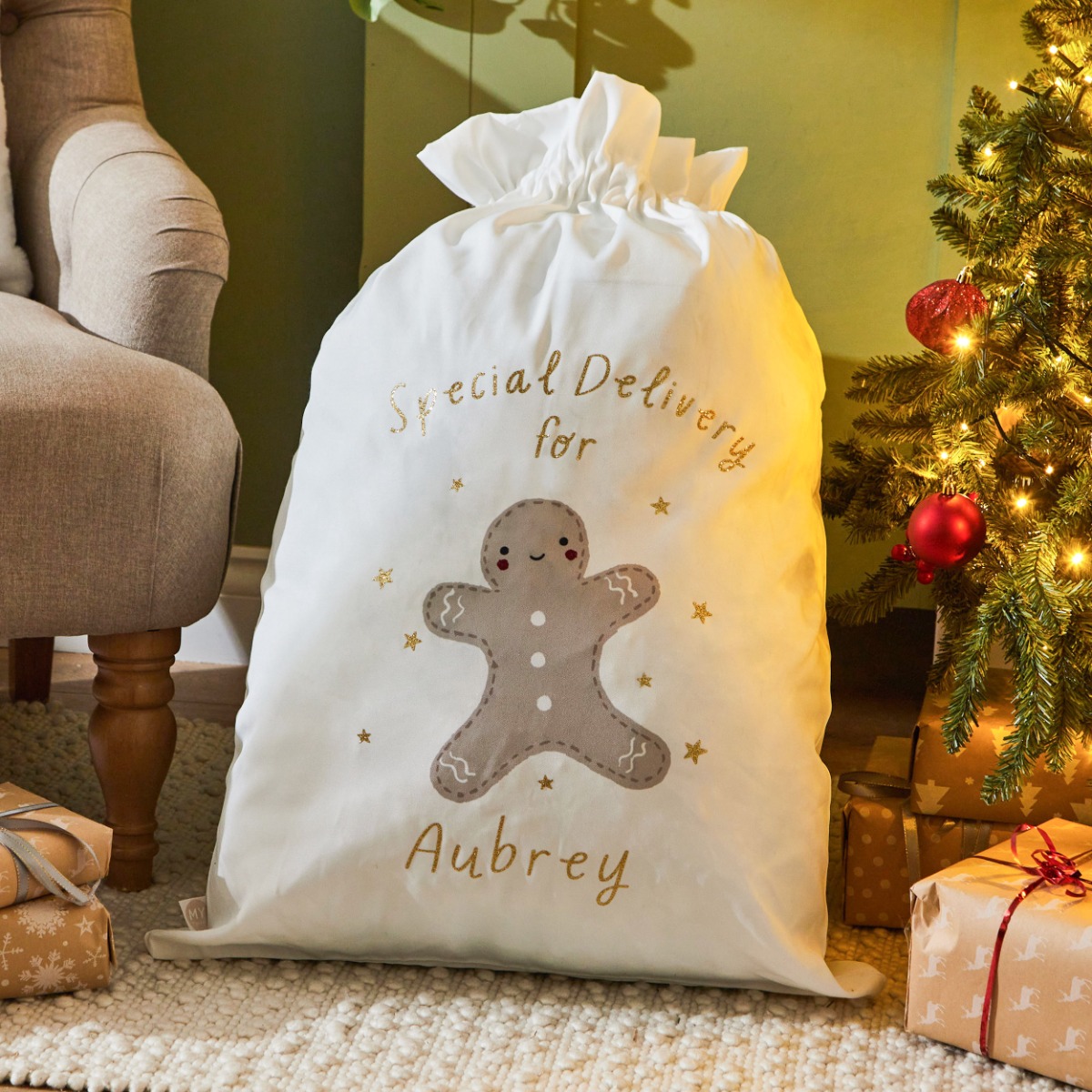 Personalised Gingerbread Canvas Christmas Gift Sack