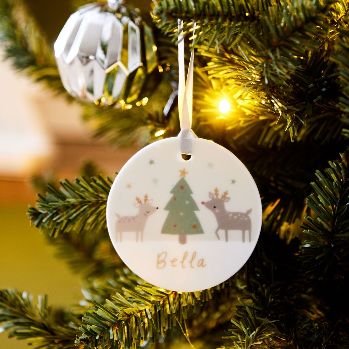 Personalised Reindeer Christmas Tree Round Ceramic Hanging Decoration