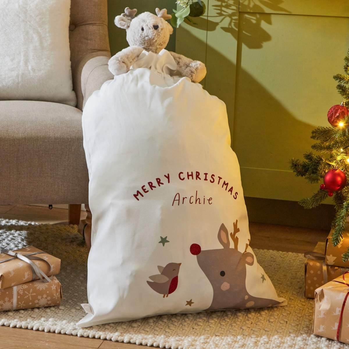 Personalised Robin Reindeer Canvas Christmas Gift Sack