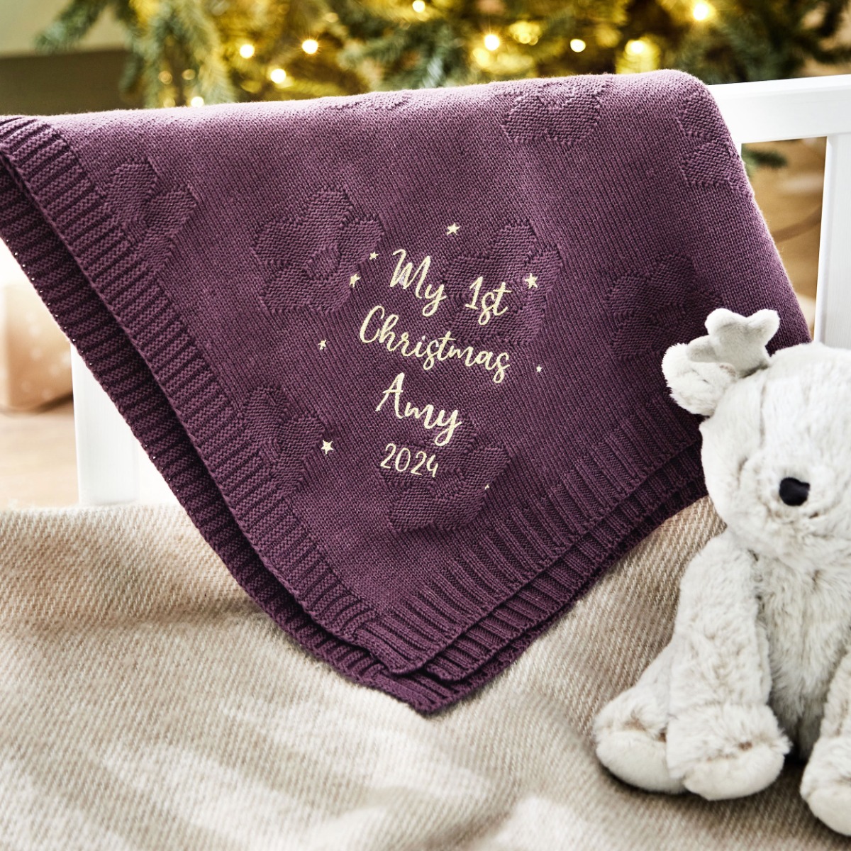 Personalised My 1st Christmas Plum Jacquard Blanket