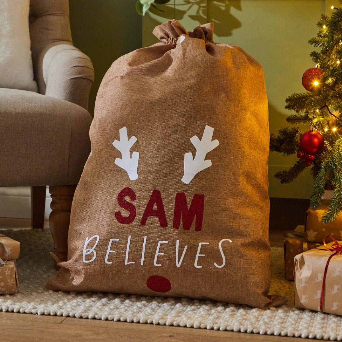 Personalised Believes Hessian Christmas Gift Sack