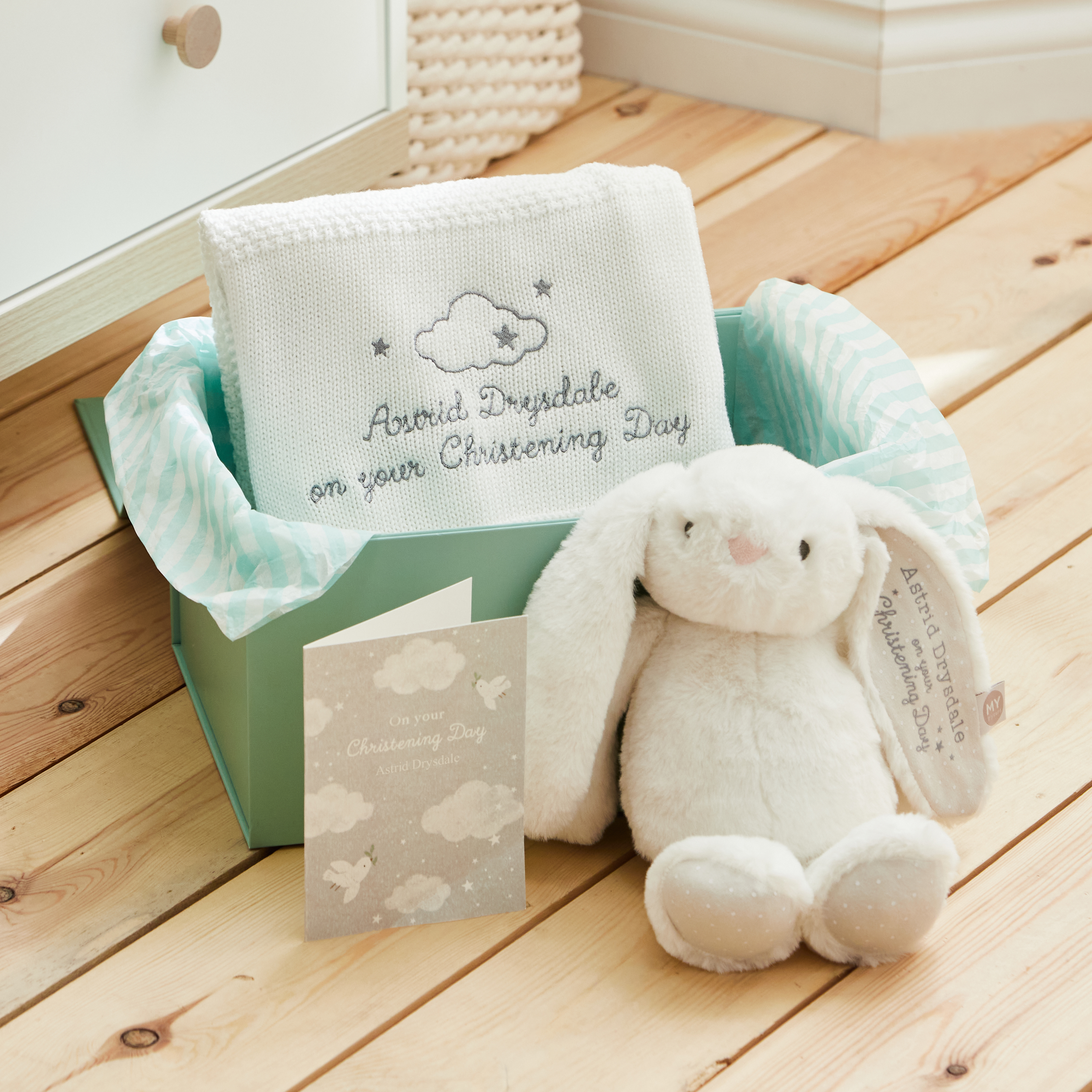 Personalised Bunny and Shawl Christening Gift Set