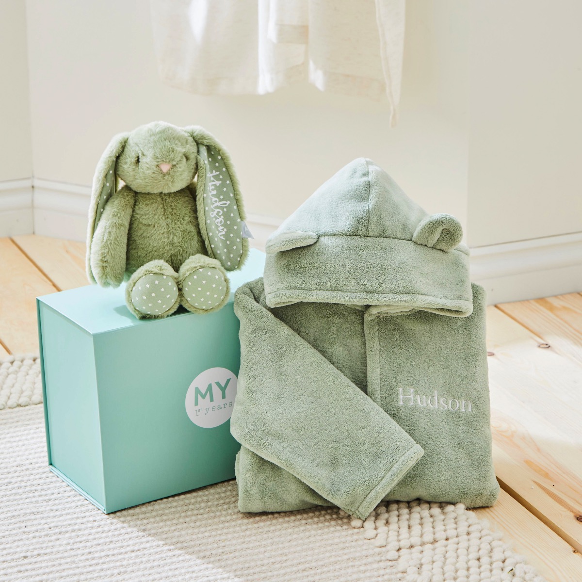 Personalised Sage Robe and Bunny Goodnight Gift Set