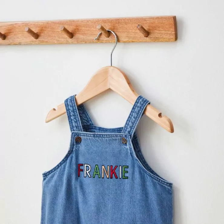 Personalised Red & Green Patchwork Letters Denim Dungarees