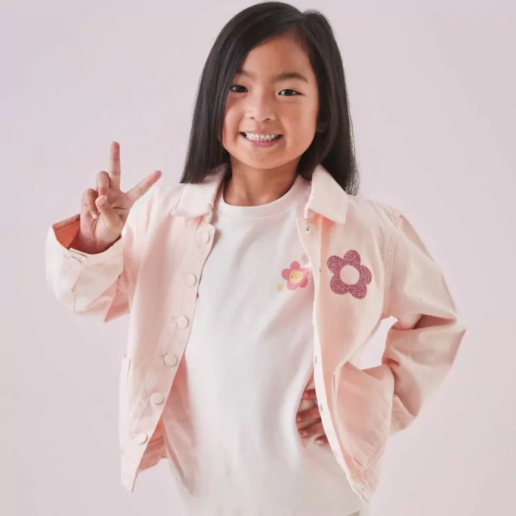 My Kids Personalised Flower Glitter Pink Denim Jacket